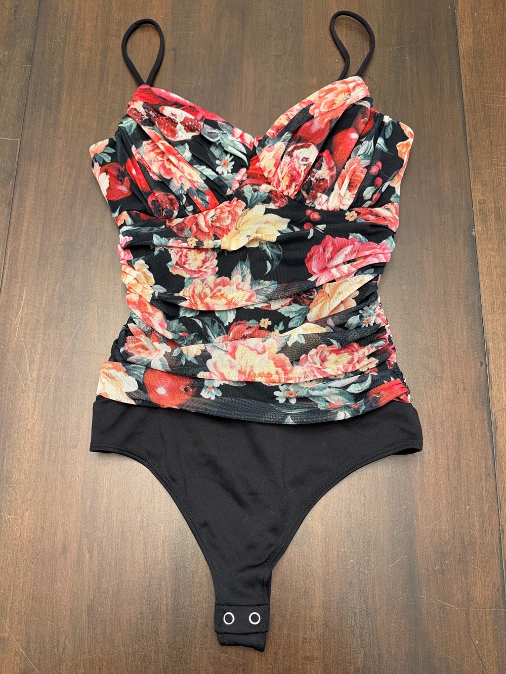 Express Floral Ruched One-Piece Bodysuit in Black with Red and Pink Blooms